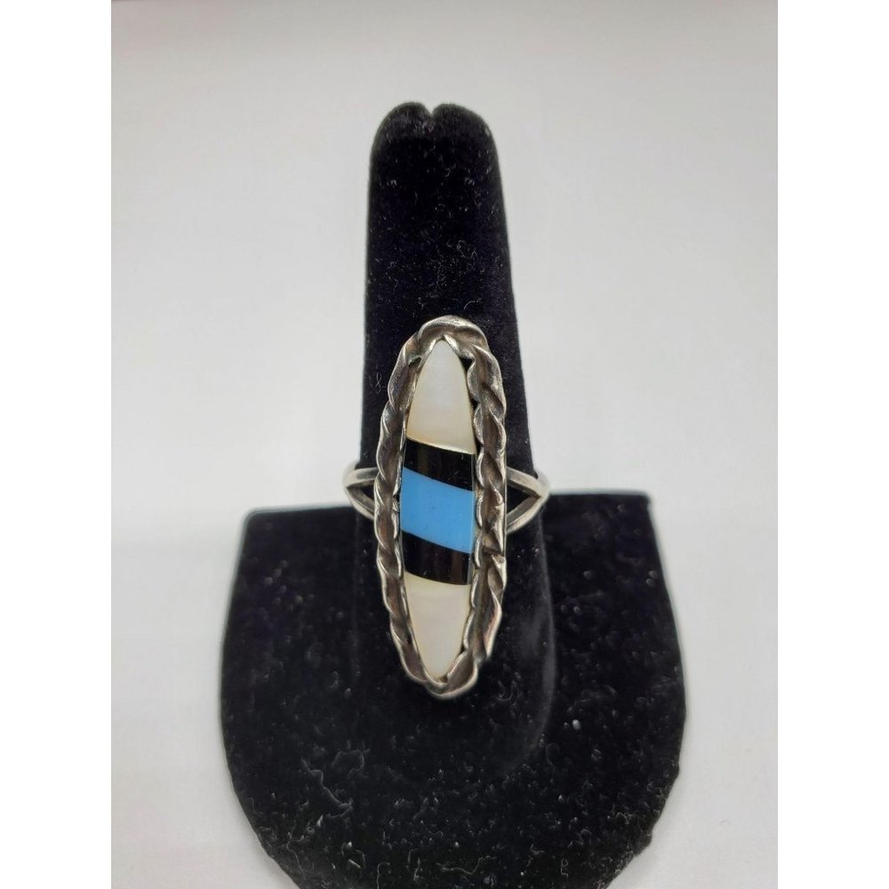 Mother of pearl, onyx, turquoise inlay unmarked ri